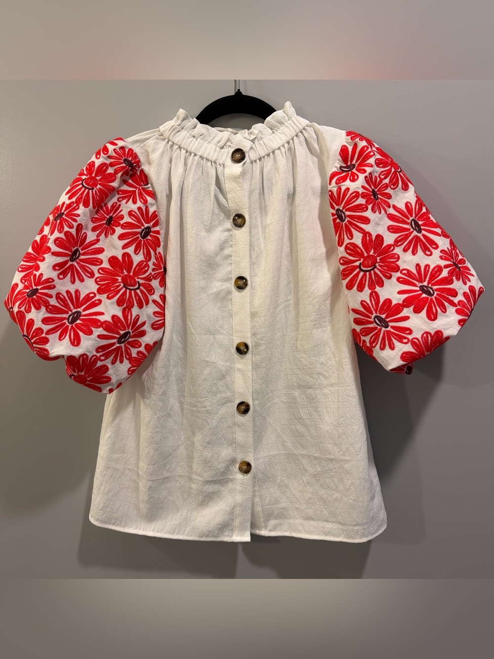 THML Ruffle Collar Puff Sleeve Floral Embroidered Blouse White and Red Size M - Picture 5 of 7